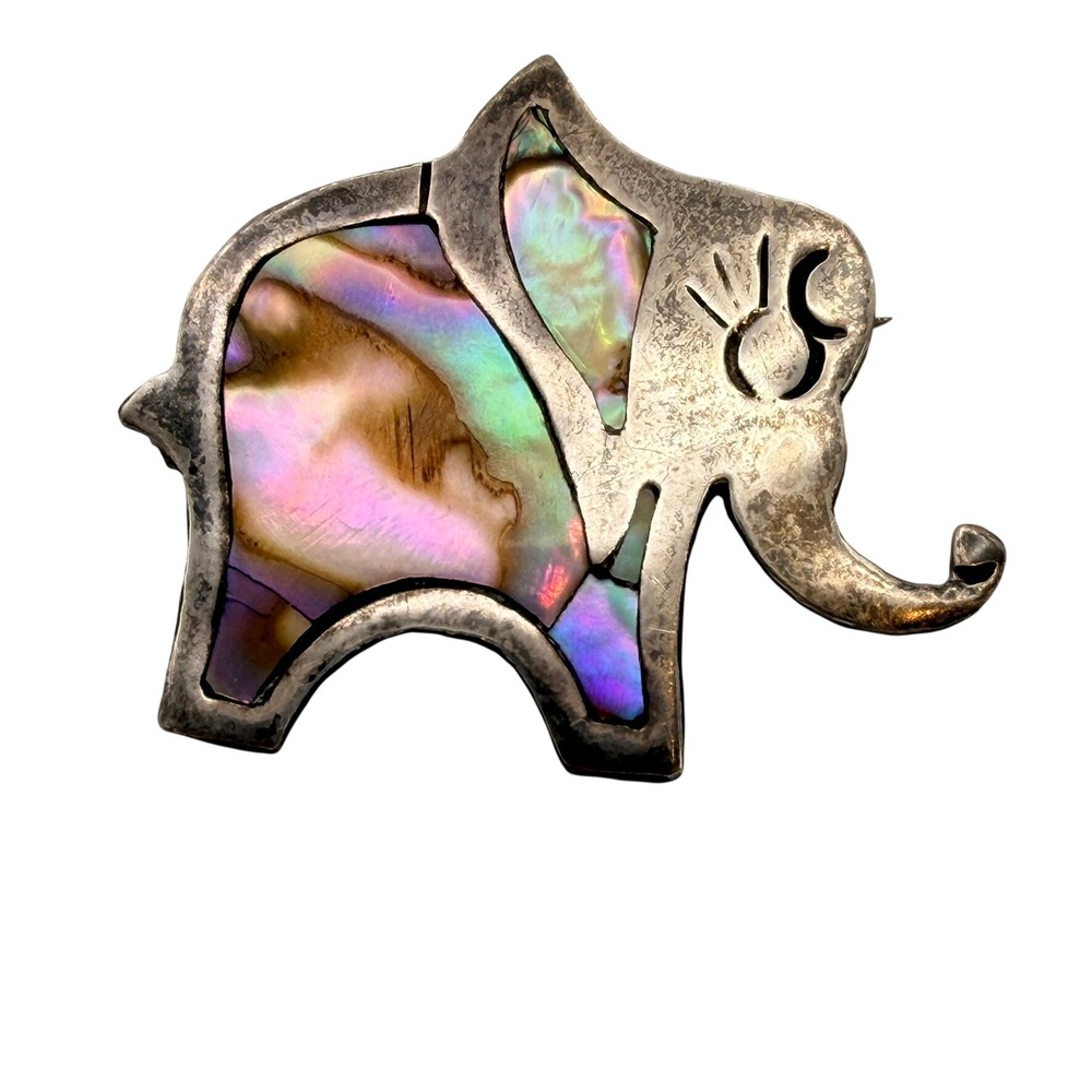 Vintage SCK Taxco Mexico Elephant Brooch‎ Abalone Sterling Silver Inlay Retro